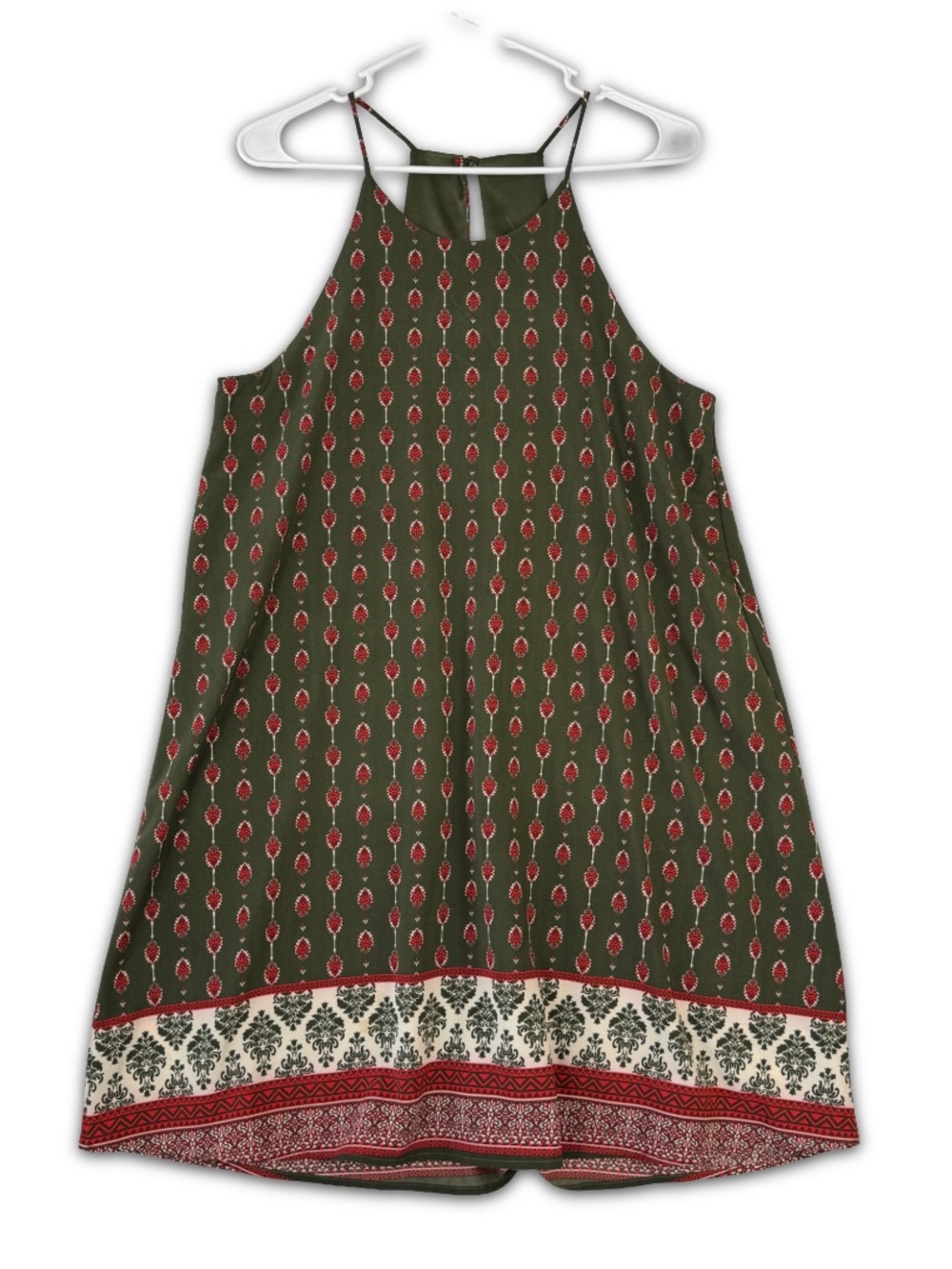Pixi +‎ Ivy Halter Mini Dress Womens M Medium Hunter Green Red Boho Keyhole Back